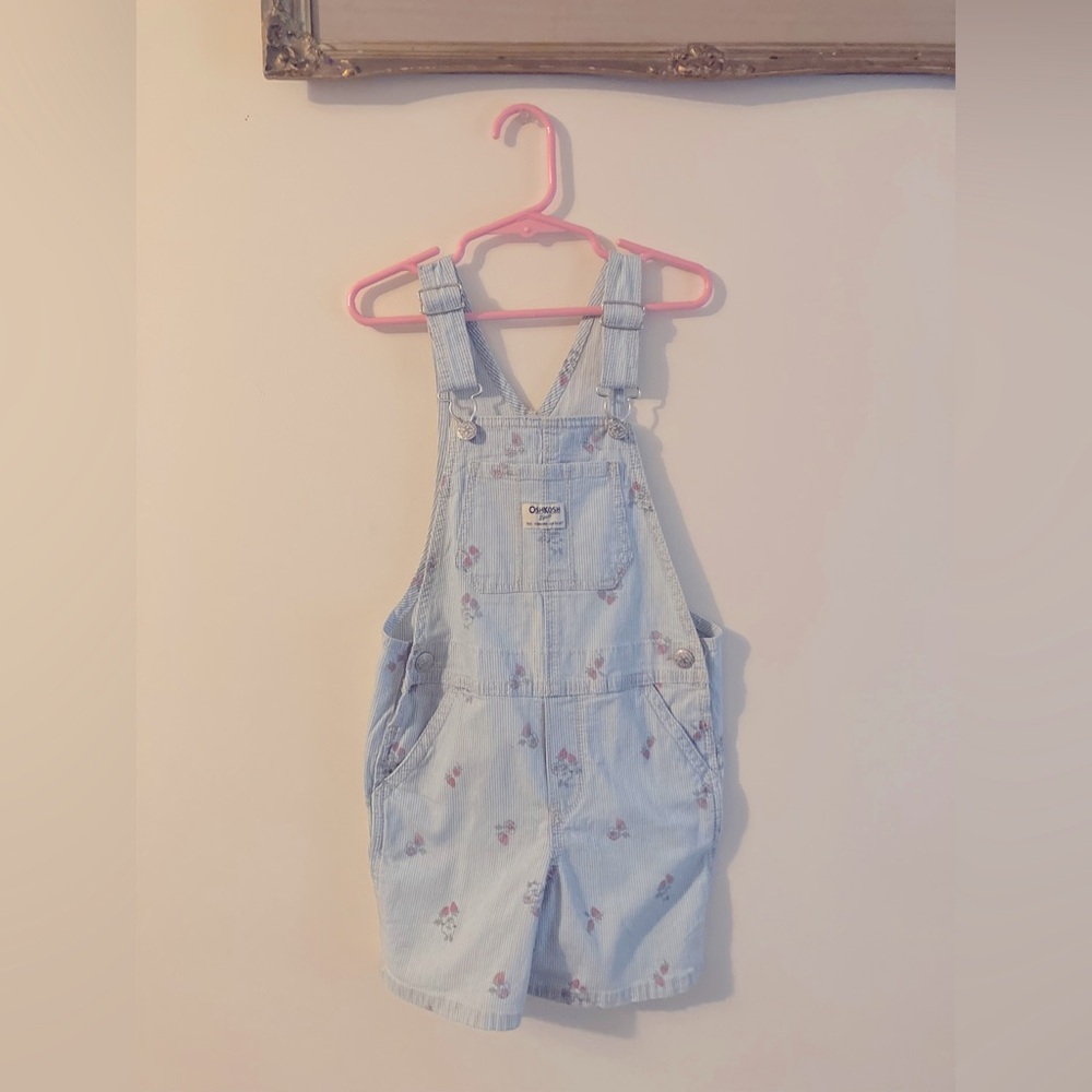OshKosh B'gosh Strawberry Pinstripe Blue Denim Short Overalls Cotton Size 5T
